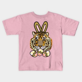 Happy Easter Bunny Ears on Tiger Eating Easter Eggs Kids T-Shirt